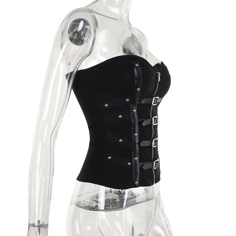 PU leather patchwork buckle zip-up tube top - Image 8