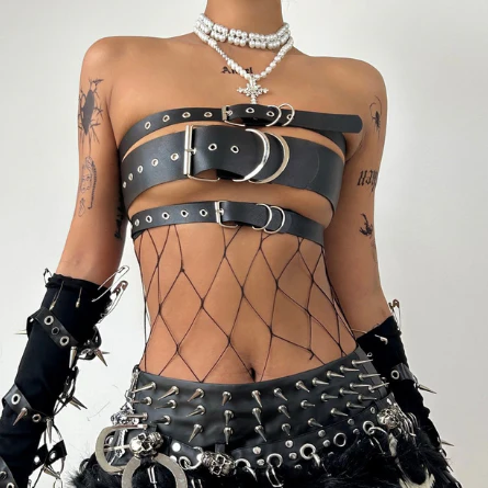 PU leather buckle hollow out crop top
