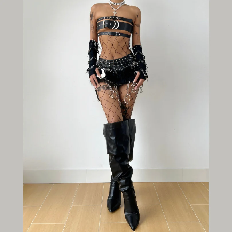 PU leather buckle hollow out crop top - Image 2