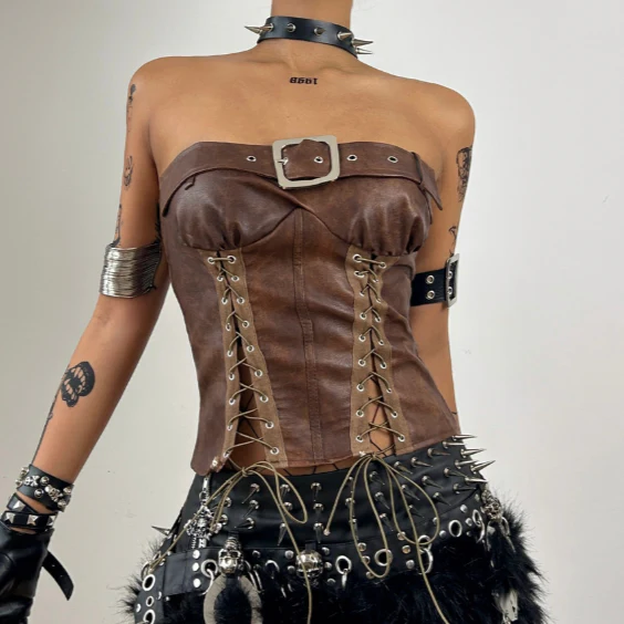PU leather lace up buckle tube top