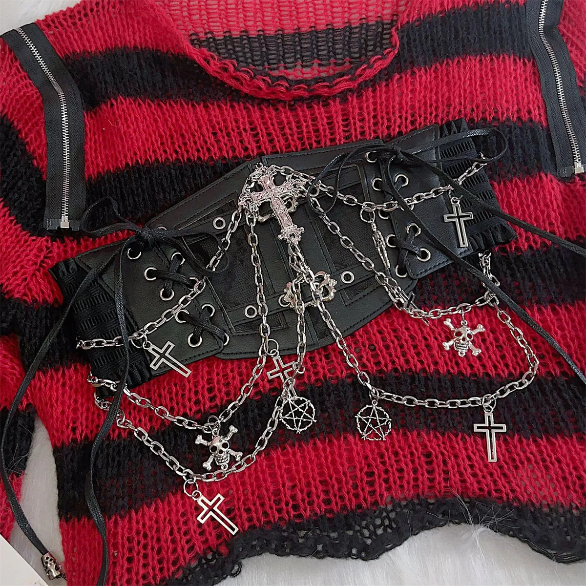 PU leather metal chain cross applique waist chain - Image 5