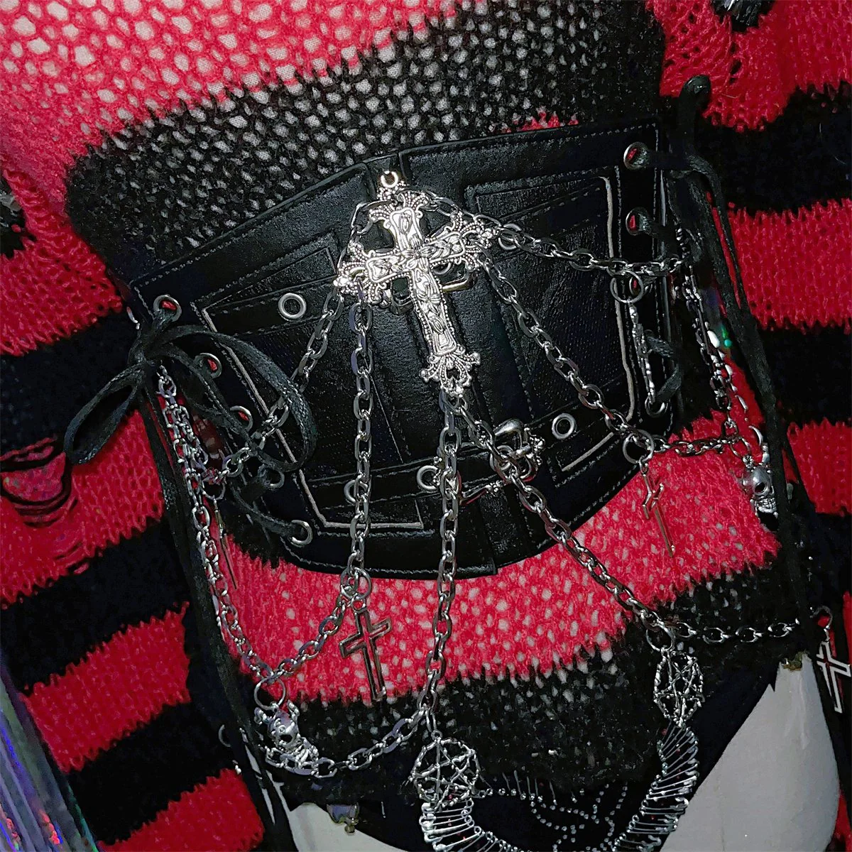 PU leather metal chain cross applique waist chain - Image 6