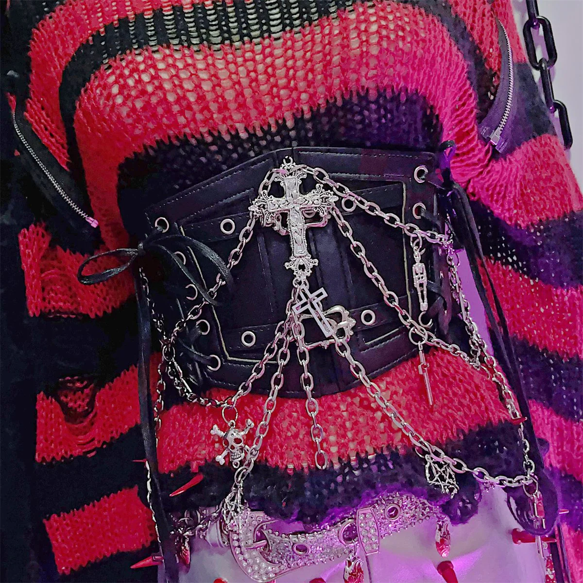 PU leather metal chain cross applique waist chain - Image 7
