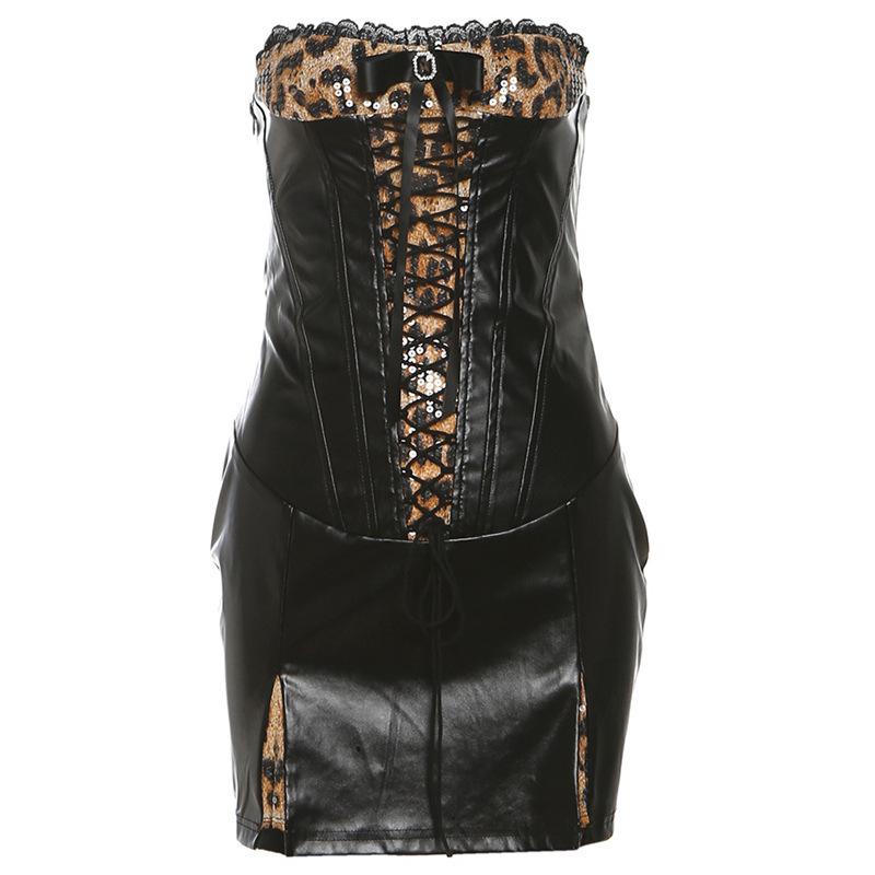 PU leather patchwork leopard print glitter lace up mini dress - Image 4