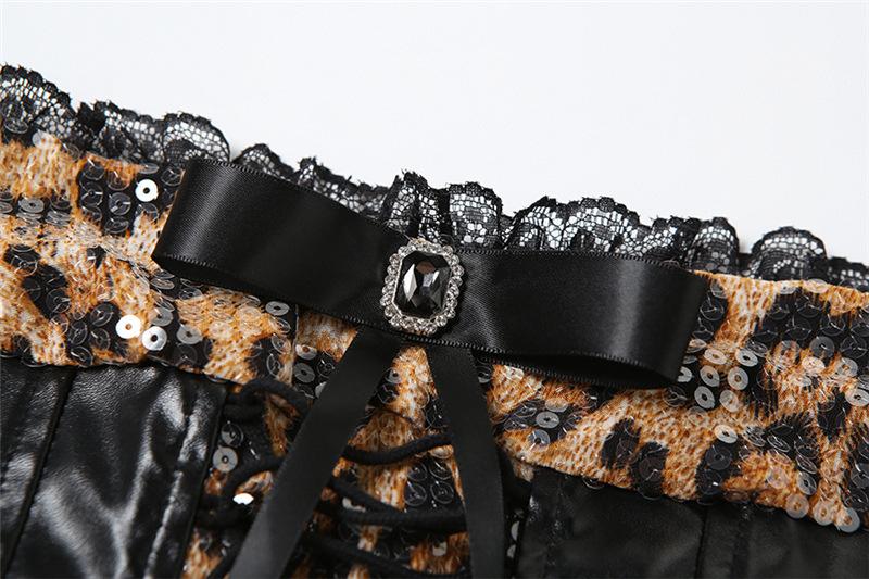 PU leather patchwork leopard print glitter lace up mini dress - Image 5