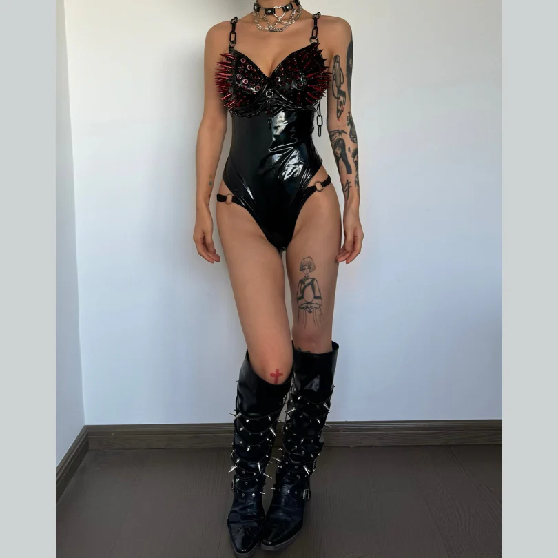 PU leather rivet metal chain bodysuit - Image 2