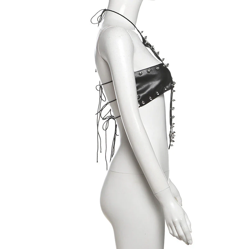 PU leather rivet self tie halter top - Image 9