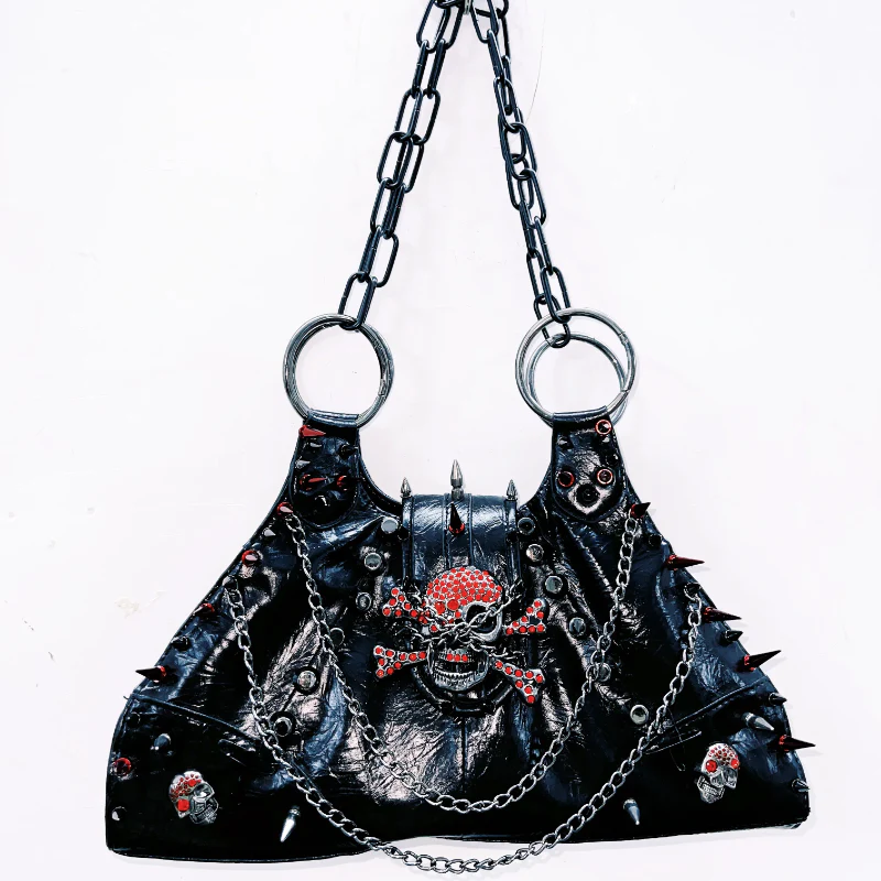 PU leather skull applique metal chain rivet handbag - Image 2