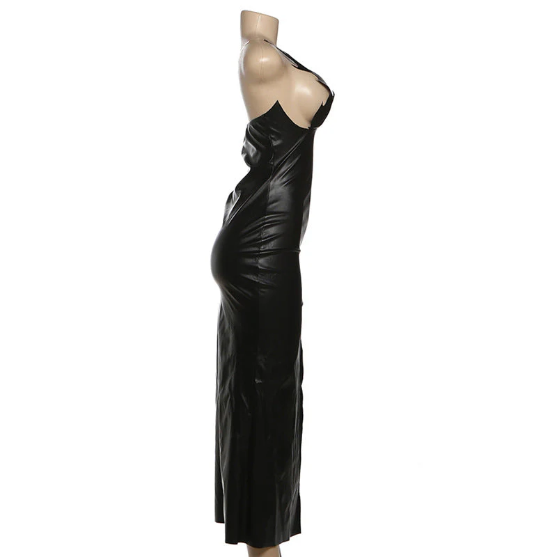 PU leather slit backless maxi dress - Image 3