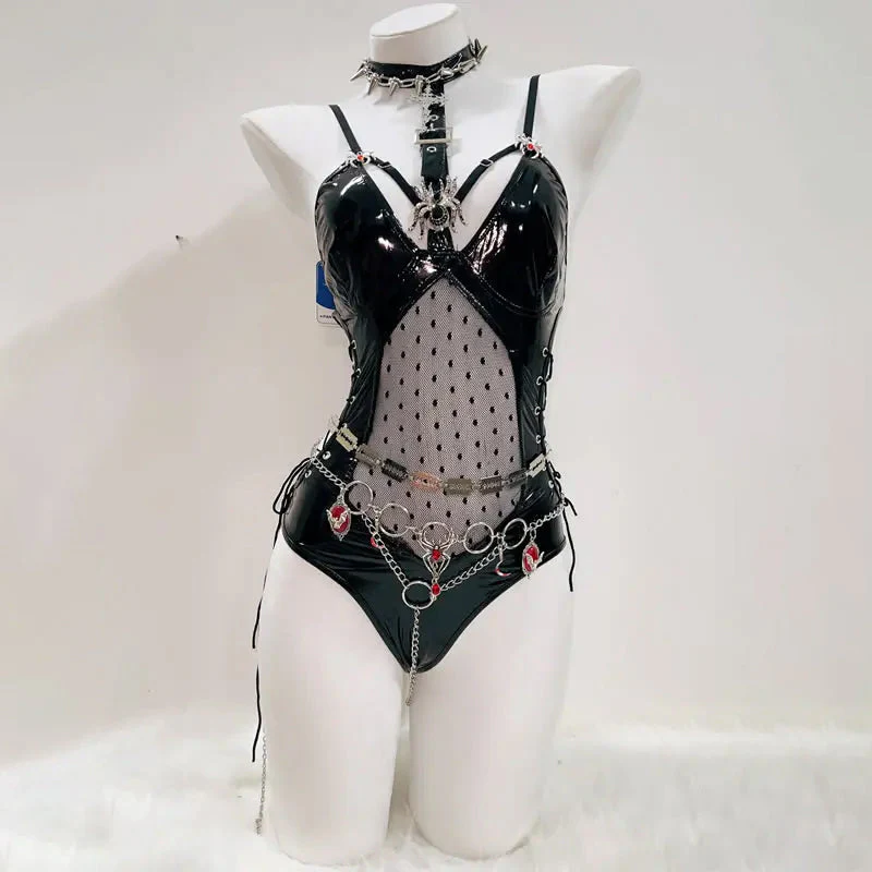 PU leather spider applique hollow out cami bodysuit