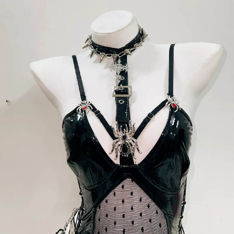 PU leather spider applique hollow out cami bodysuit - Image 3