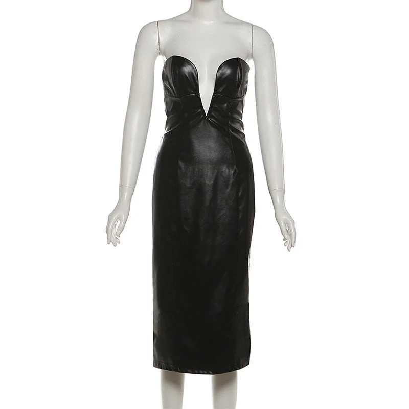 PU leather v neck low cut midi dress - Image 2