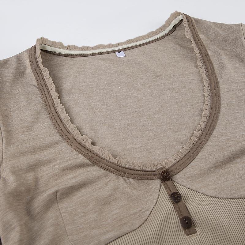 Ribbed button v neck lace hem long sleeve top - Image 6