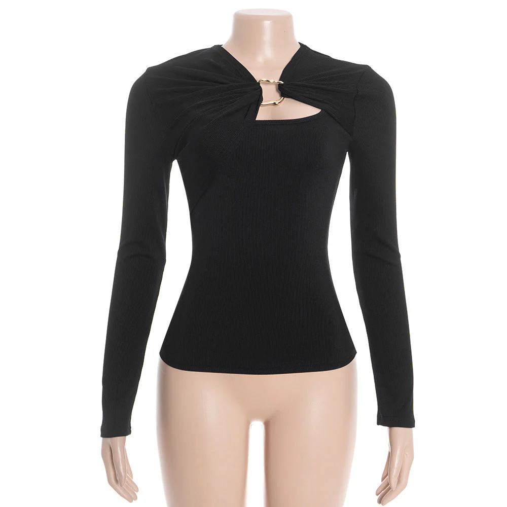 Ribbed long sleeve hollow out irregular top - Image 2