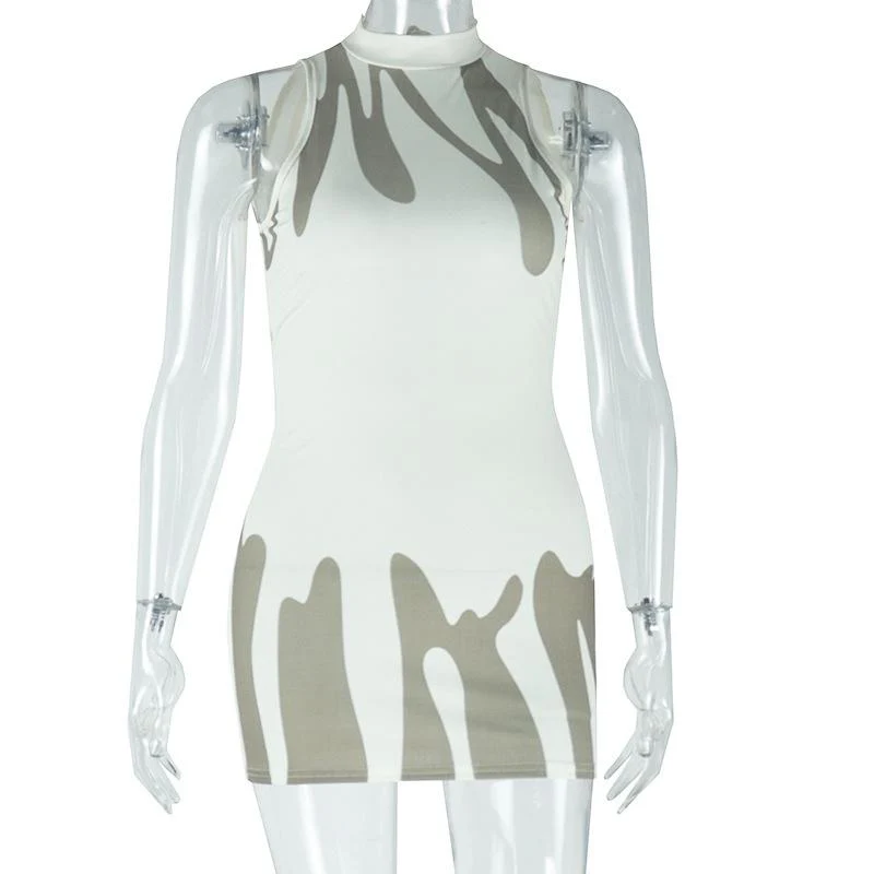Ribbed self tie crewneck print backless mini dress - Image 2