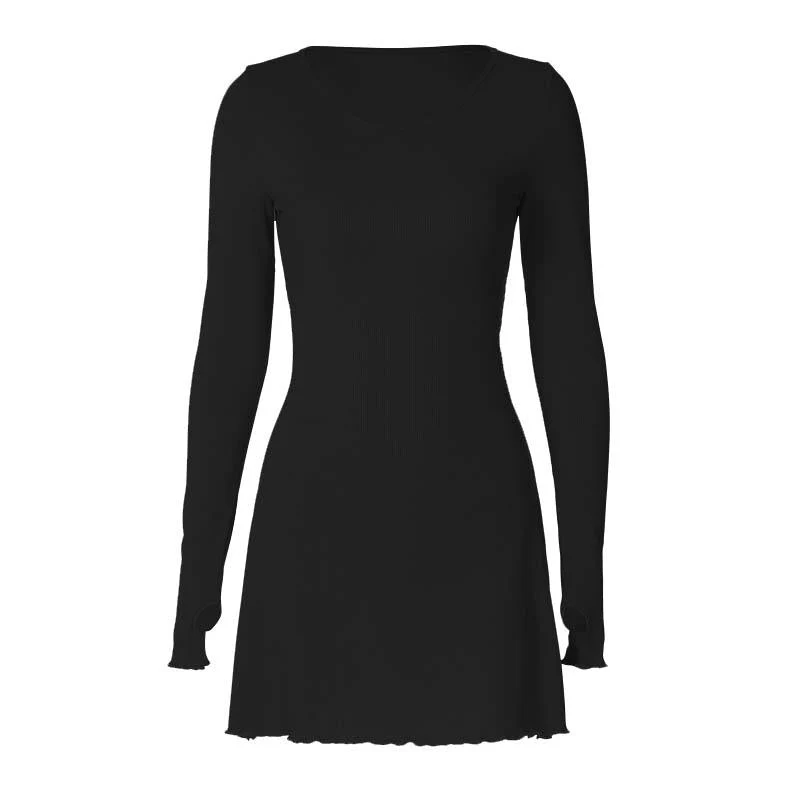 Ribbed solid long sleeve gloves lace up ruffle mini dress - Image 11