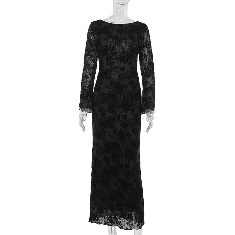 Round neck long sleeve self tie flower print maxi dress - Image 2