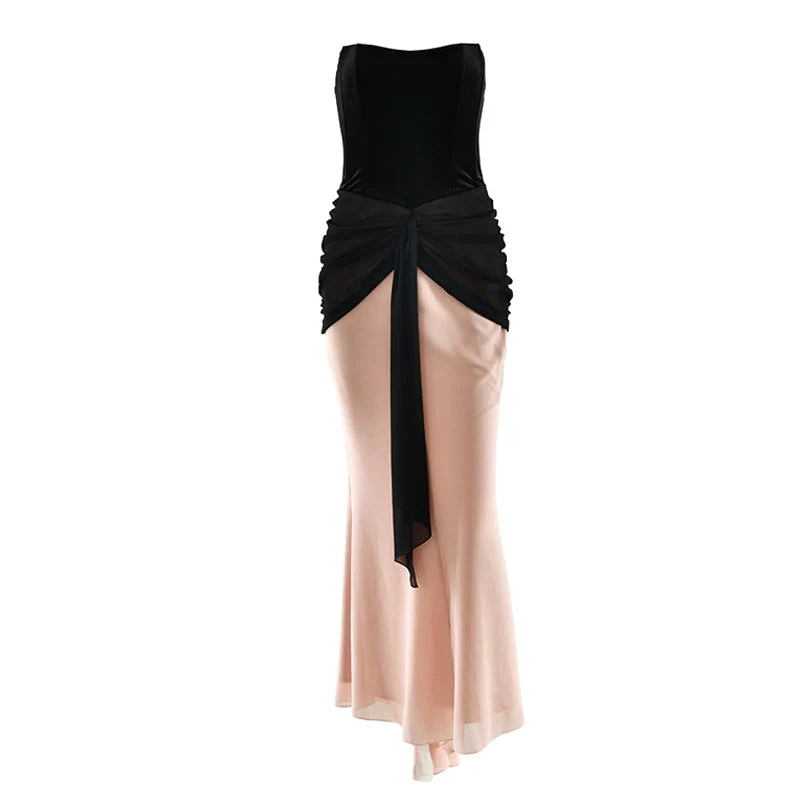 Ruched backless contrast tube maxi dress