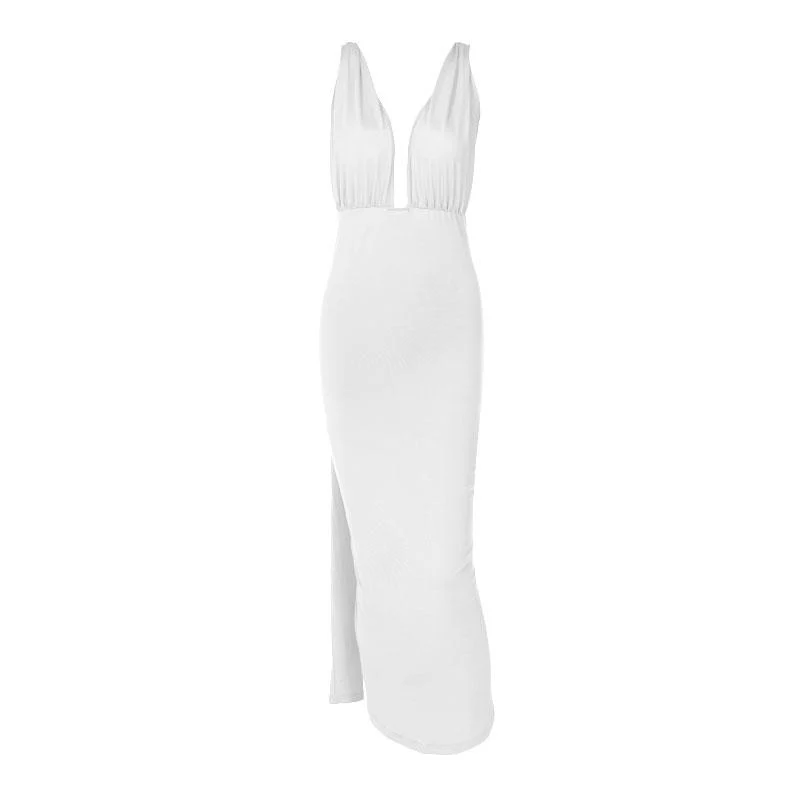 Ruched backless slit ribbon v neck knotted solid maxi dress - Image 10