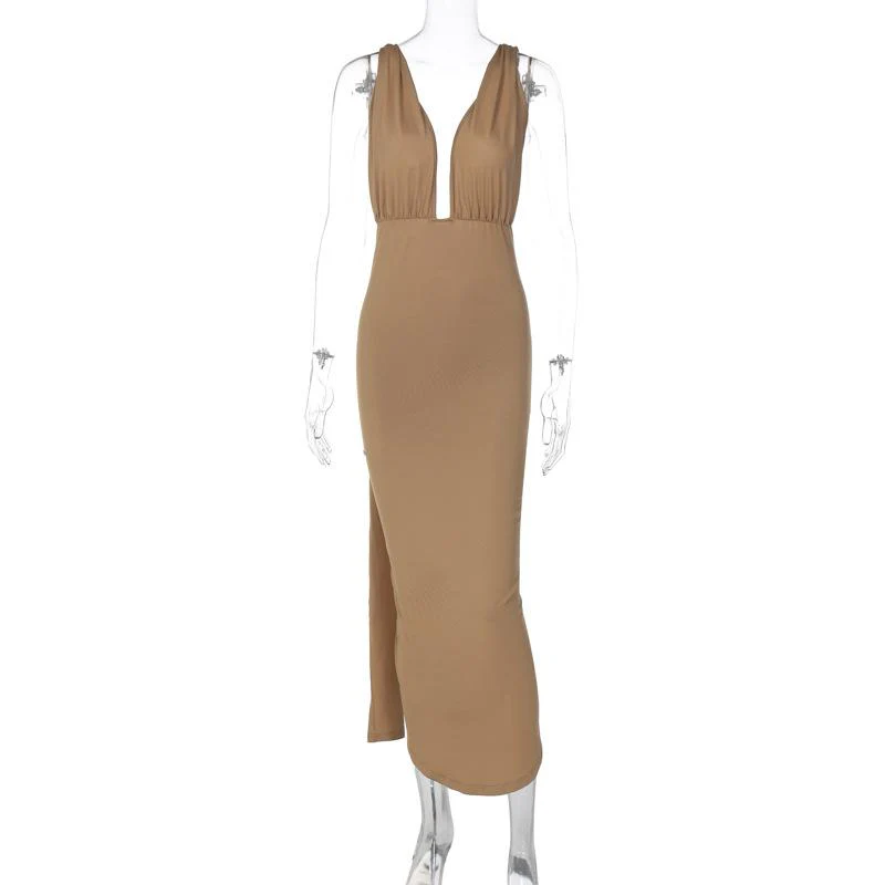 Ruched backless slit ribbon v neck knotted solid maxi dress - Image 2