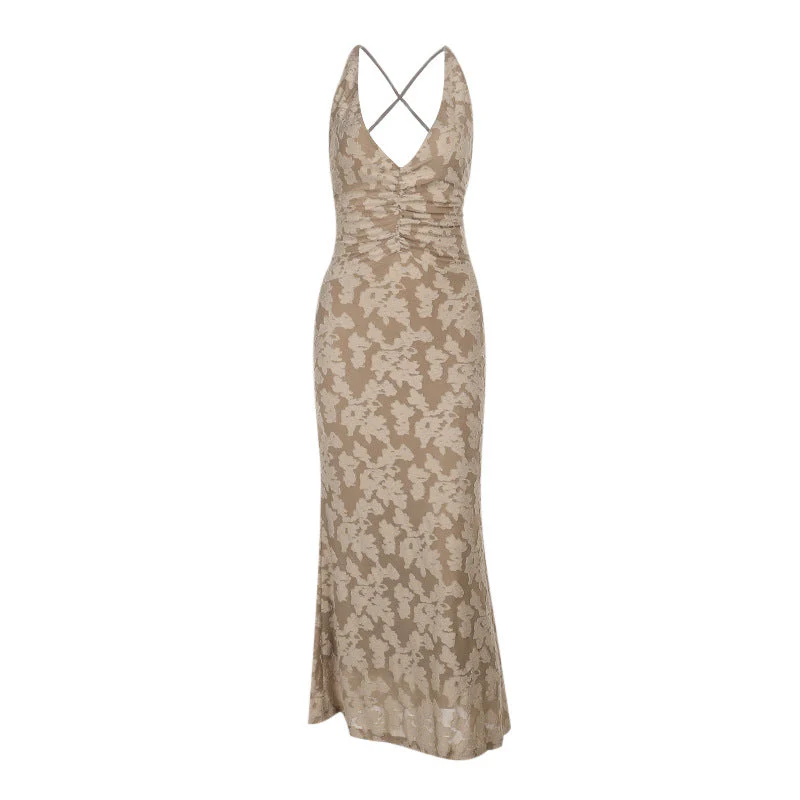 Ruched cross back self tie v neck maxi dress