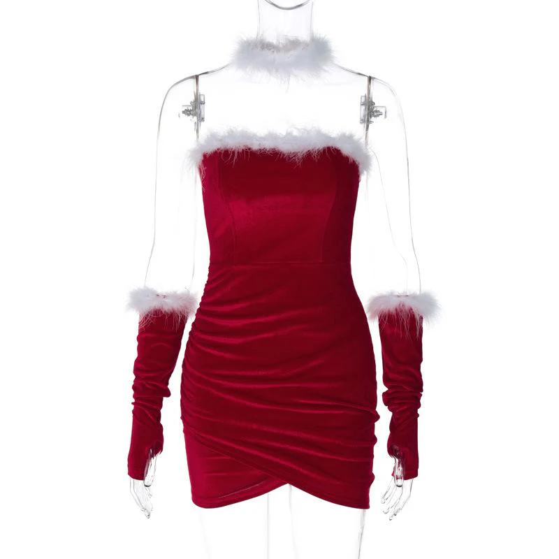 Ruched feather gloves backless tube mini dress - Image 2