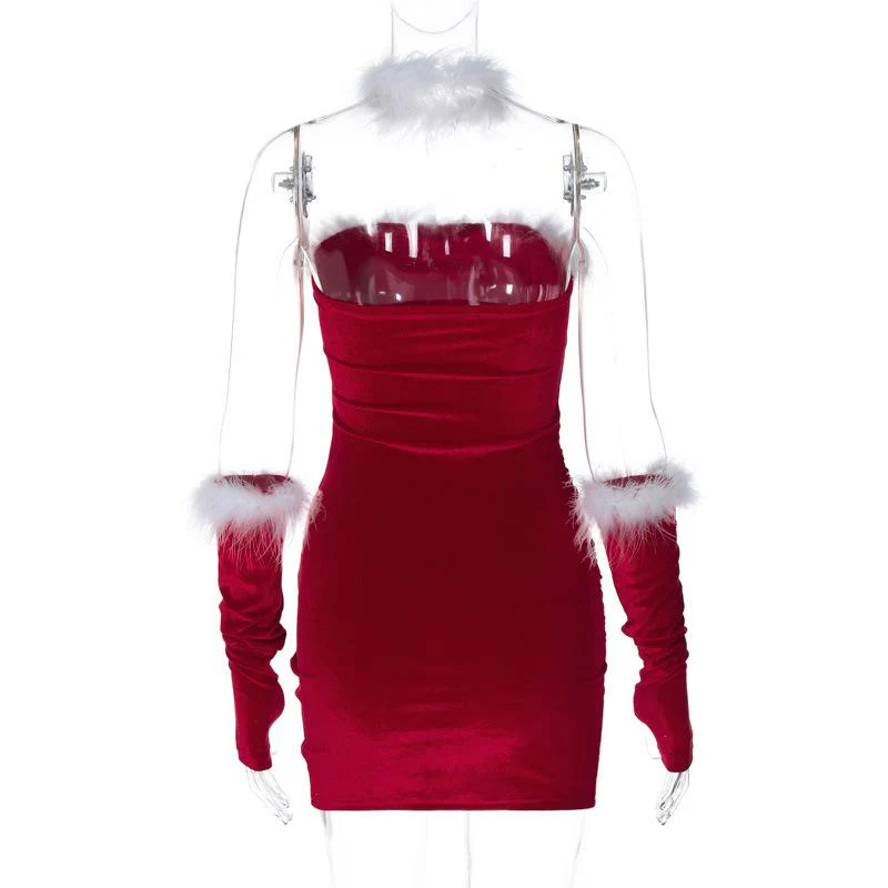 Ruched feather gloves backless tube mini dress - Image 4