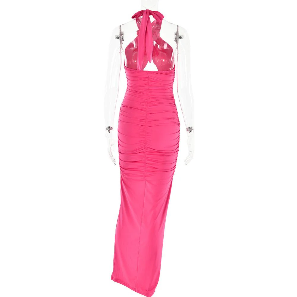 Ruched halter flower applique hollow out cross front contrast maxi dress - Image 5