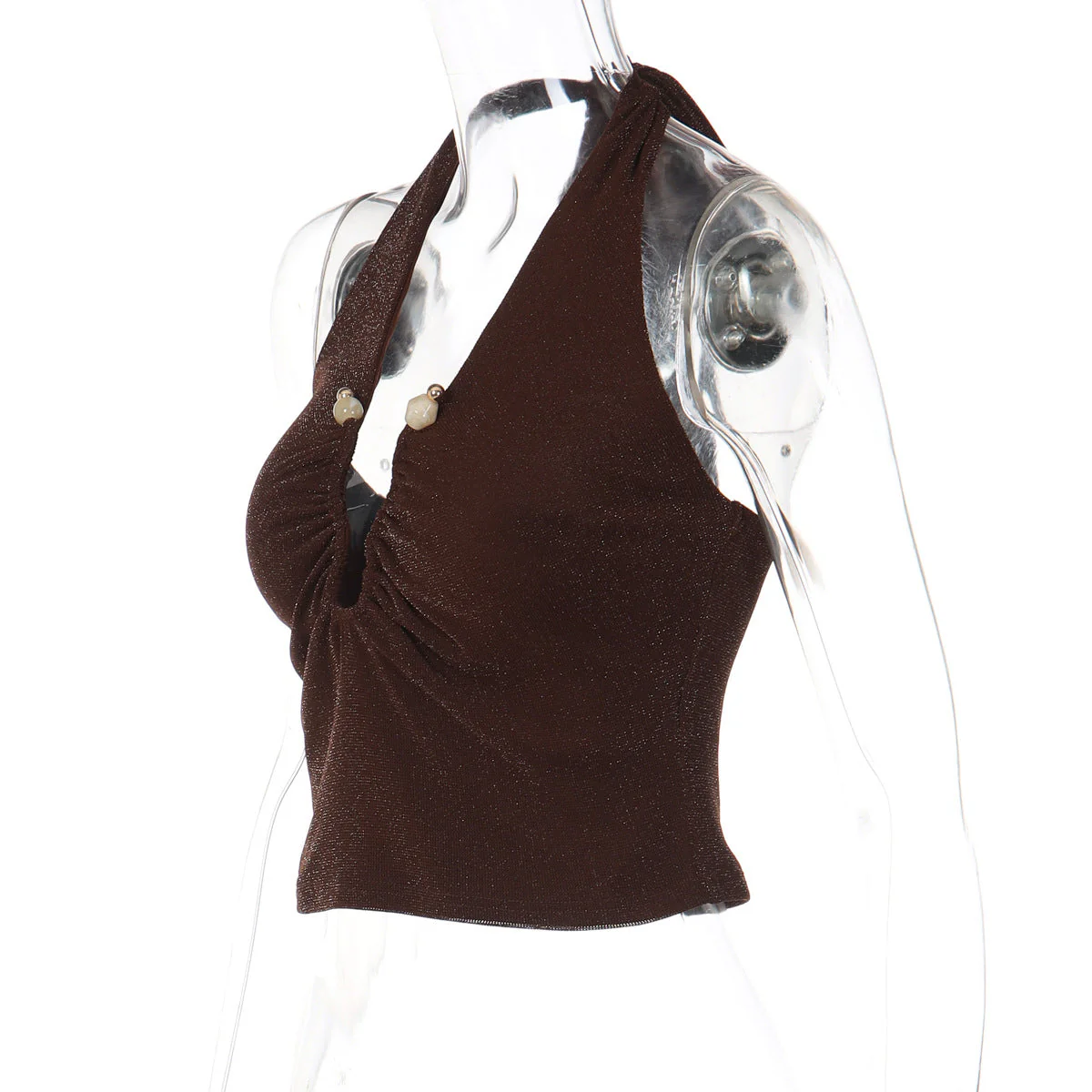 Ruched halter self tie v neck backless top - Image 4