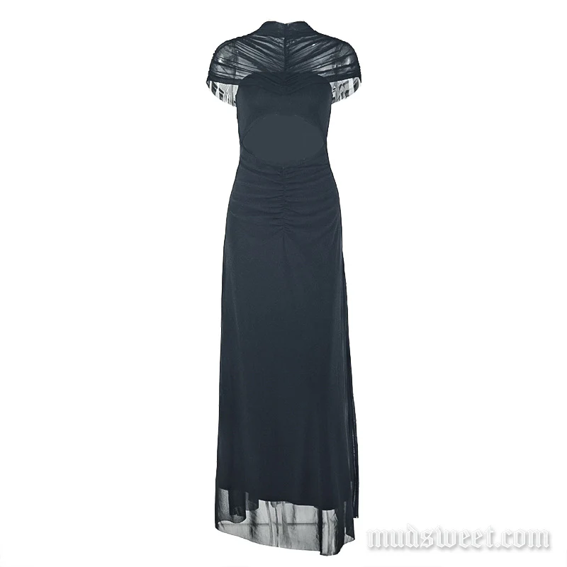 Ruched high neck mesh hollow out maxi dress
