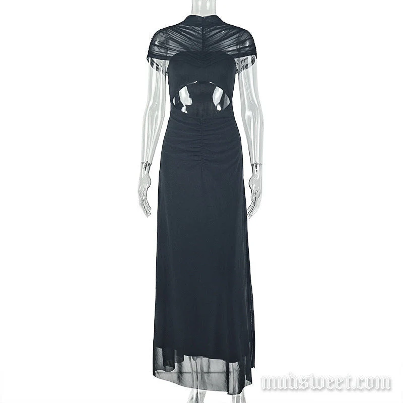 Ruched high neck mesh hollow out maxi dress - Image 2
