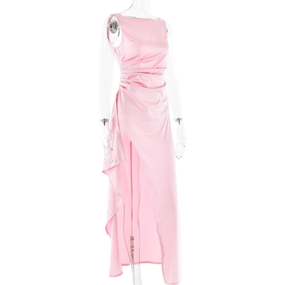 Ruched high slit satin round neck backless maxi dress - Image 5