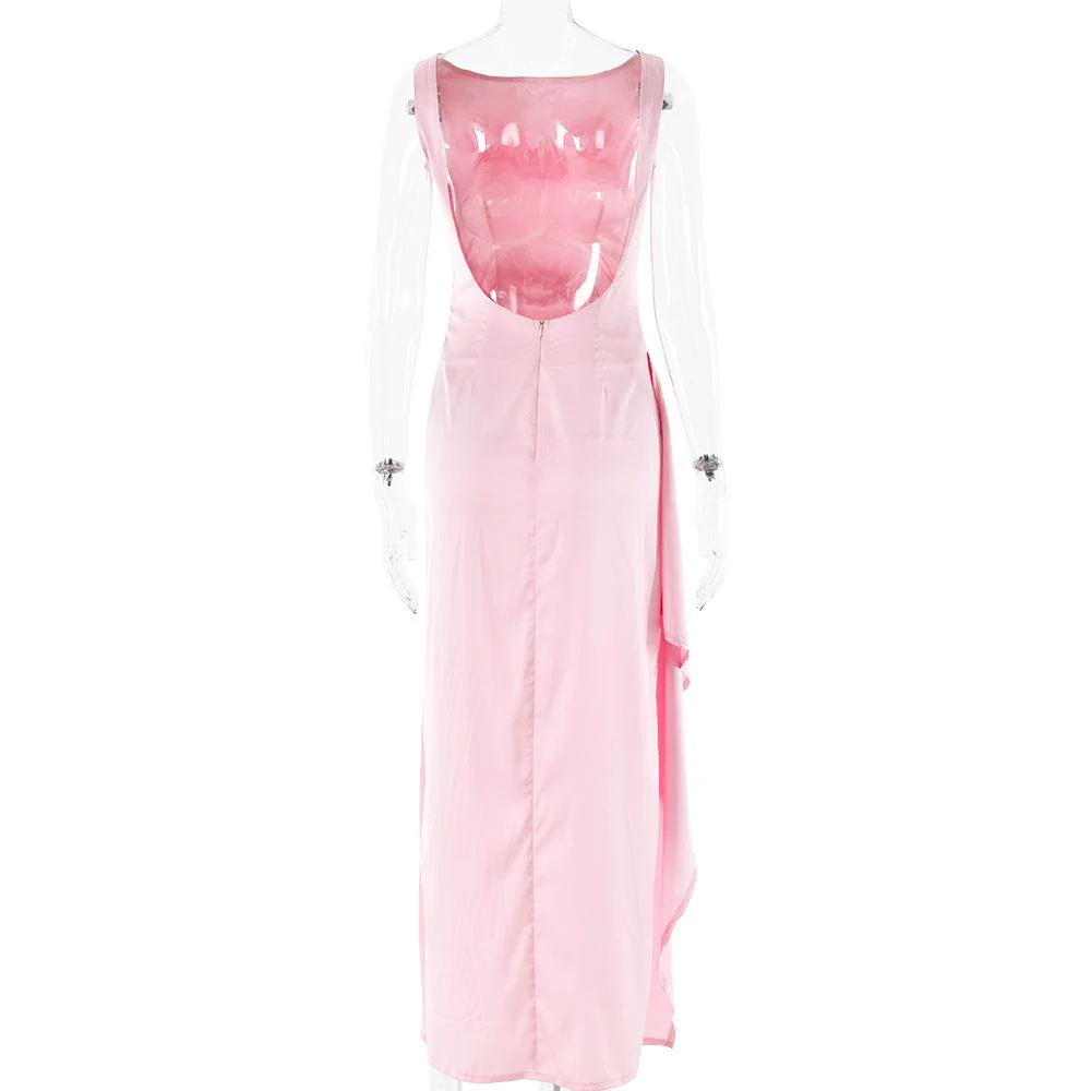 Ruched high slit satin round neck backless maxi dress - Image 6