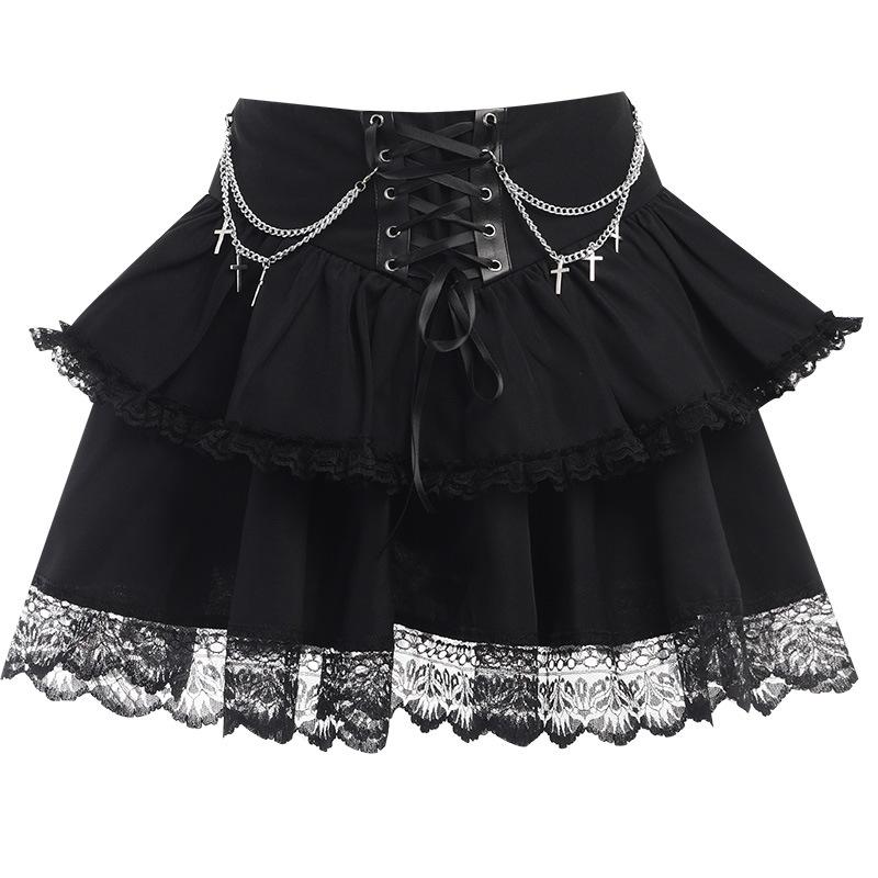 Ruched lace hem metal chain lace up zip-up mini skirt - Image 2