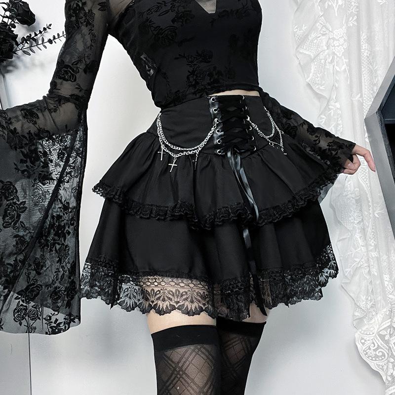 Ruched lace hem metal chain lace up zip-up mini skirt - Image 3