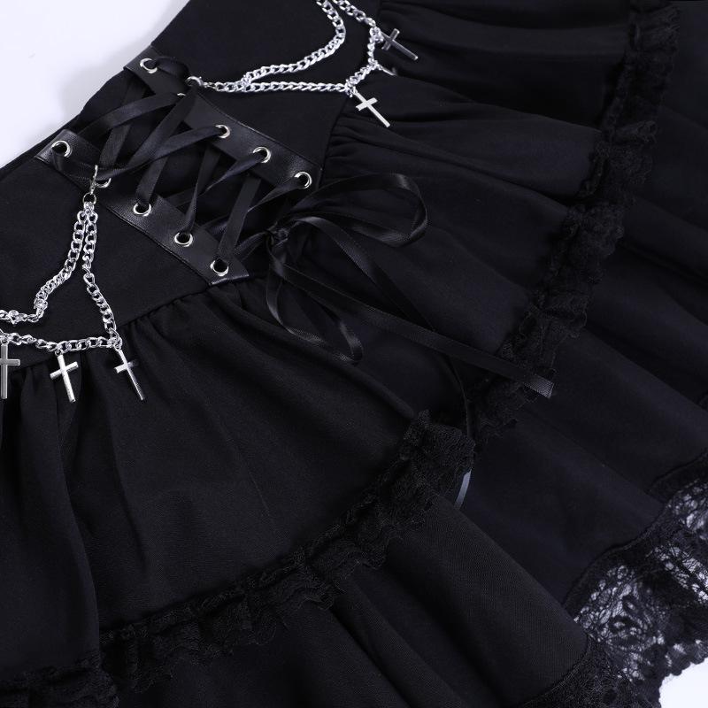 Ruched lace hem metal chain lace up zip-up mini skirt - Image 5