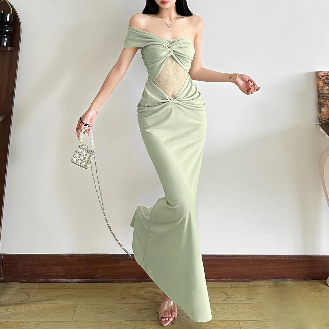 Ruched lace one shoulder irregular maxi dress