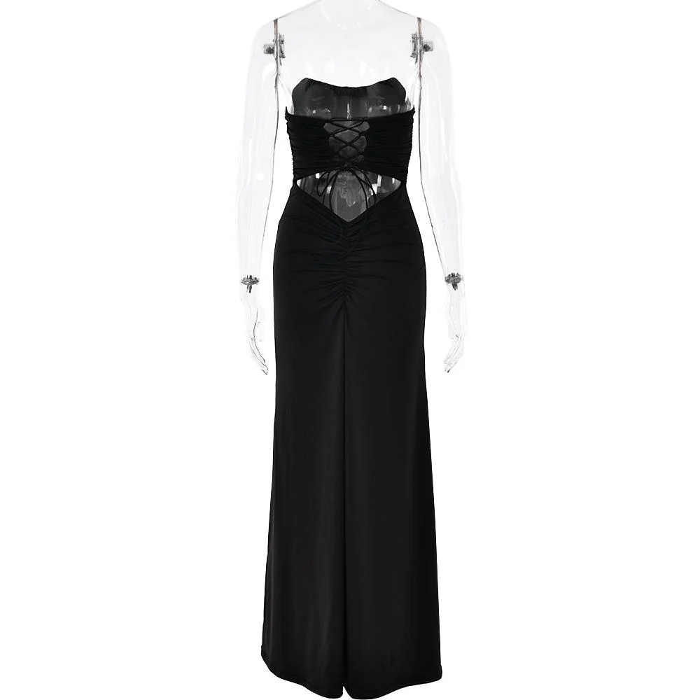 Ruched lace up backless hollow out tube maxi dress - Image 9