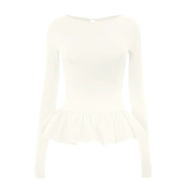 Ruched long sleeve round neck hollow out ruffle top - Image 3