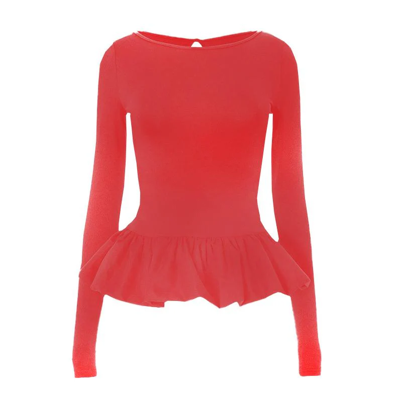 Ruched long sleeve round neck hollow out ruffle top - Image 4