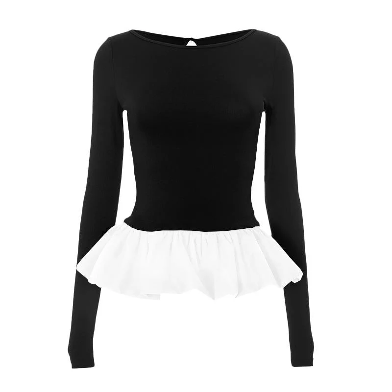 Ruched long sleeve round neck hollow out ruffle top - Image 5