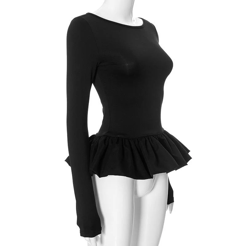 Ruched long sleeve round neck hollow out ruffle top - Image 7