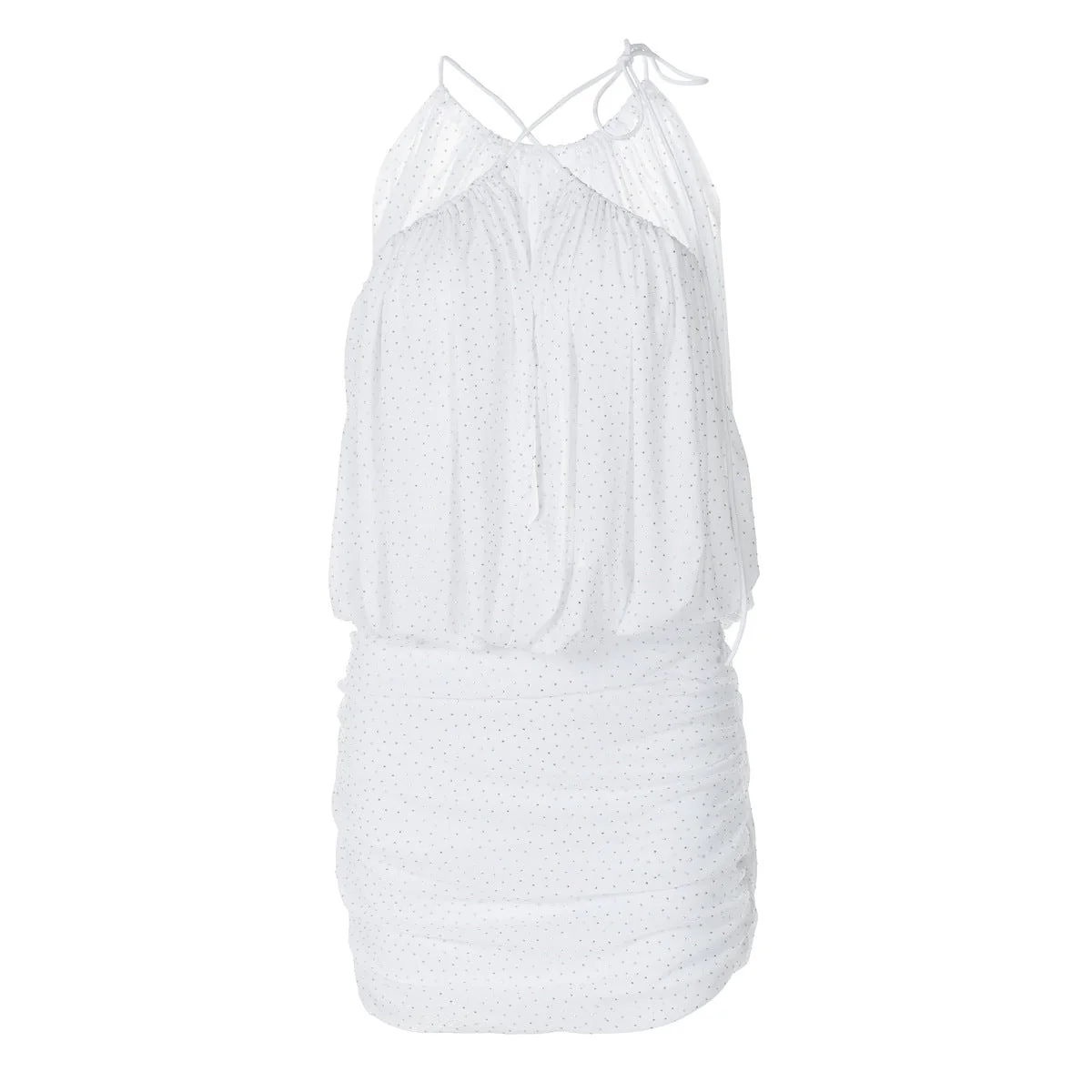 Ruched mesh beaded cross front mini dress