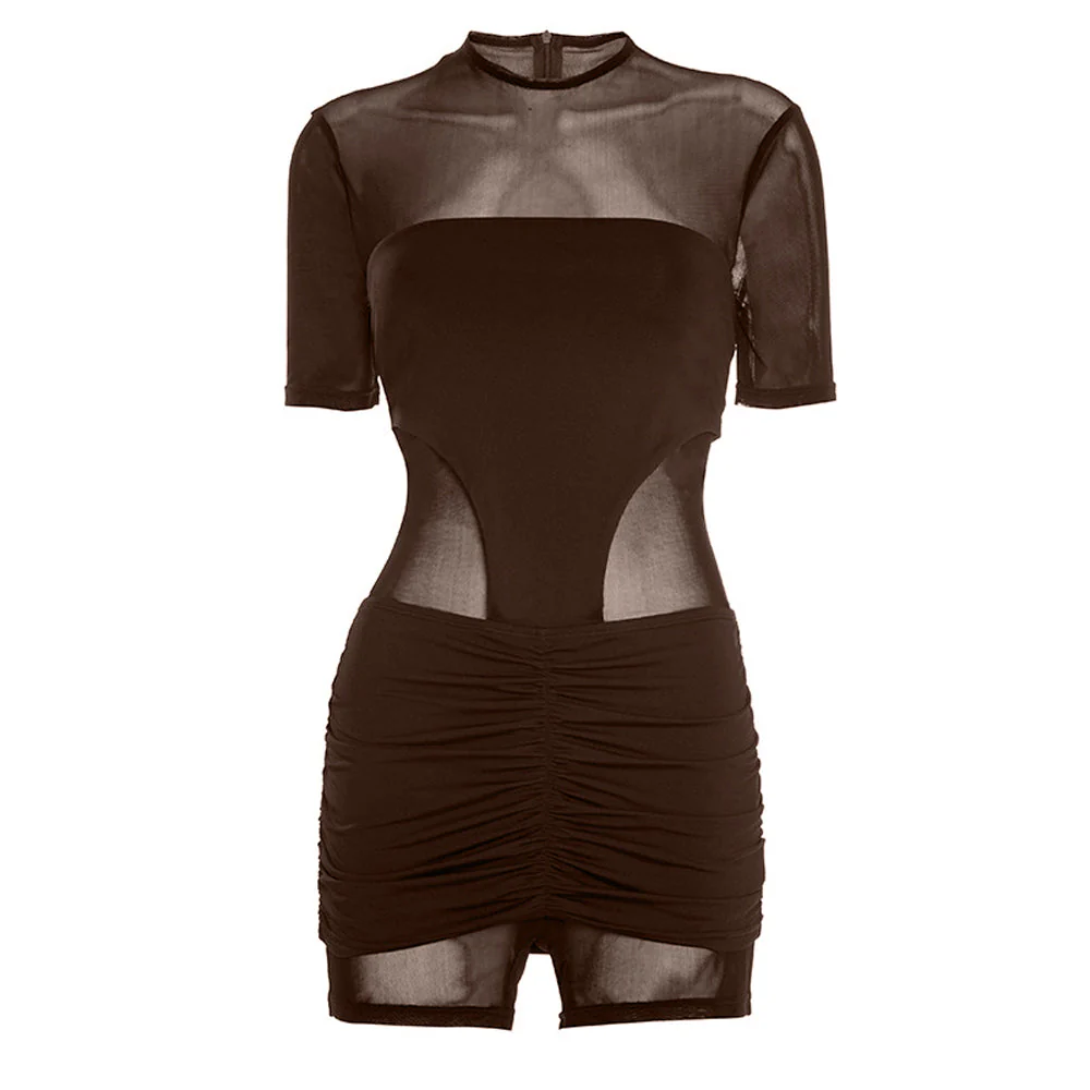 Ruched mesh crewneck short sleeve zip-up romper - Image 2