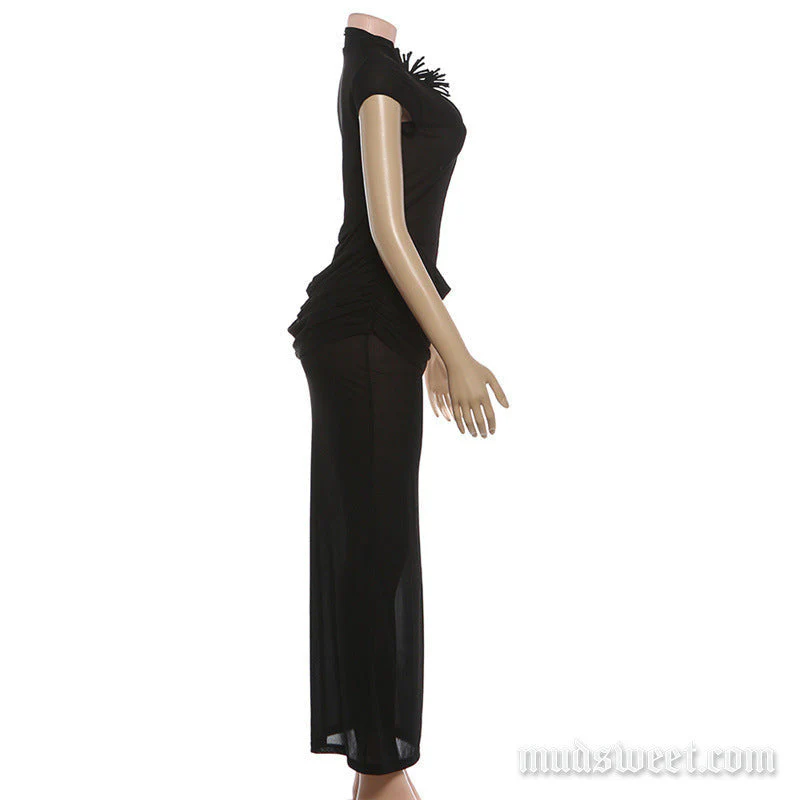 Ruched short sleeve flower applique maxi dress - Image 3