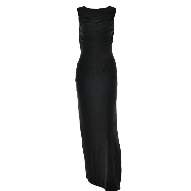 Ruched sleeveless hollow out button slit maxi dress - Image 2