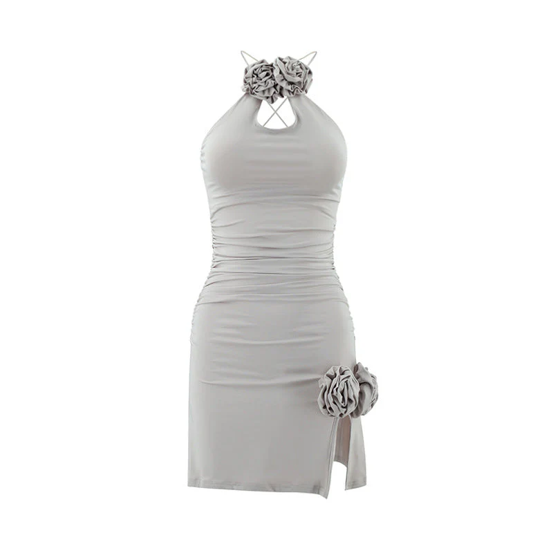 Ruched slit flower applique backless mini dress