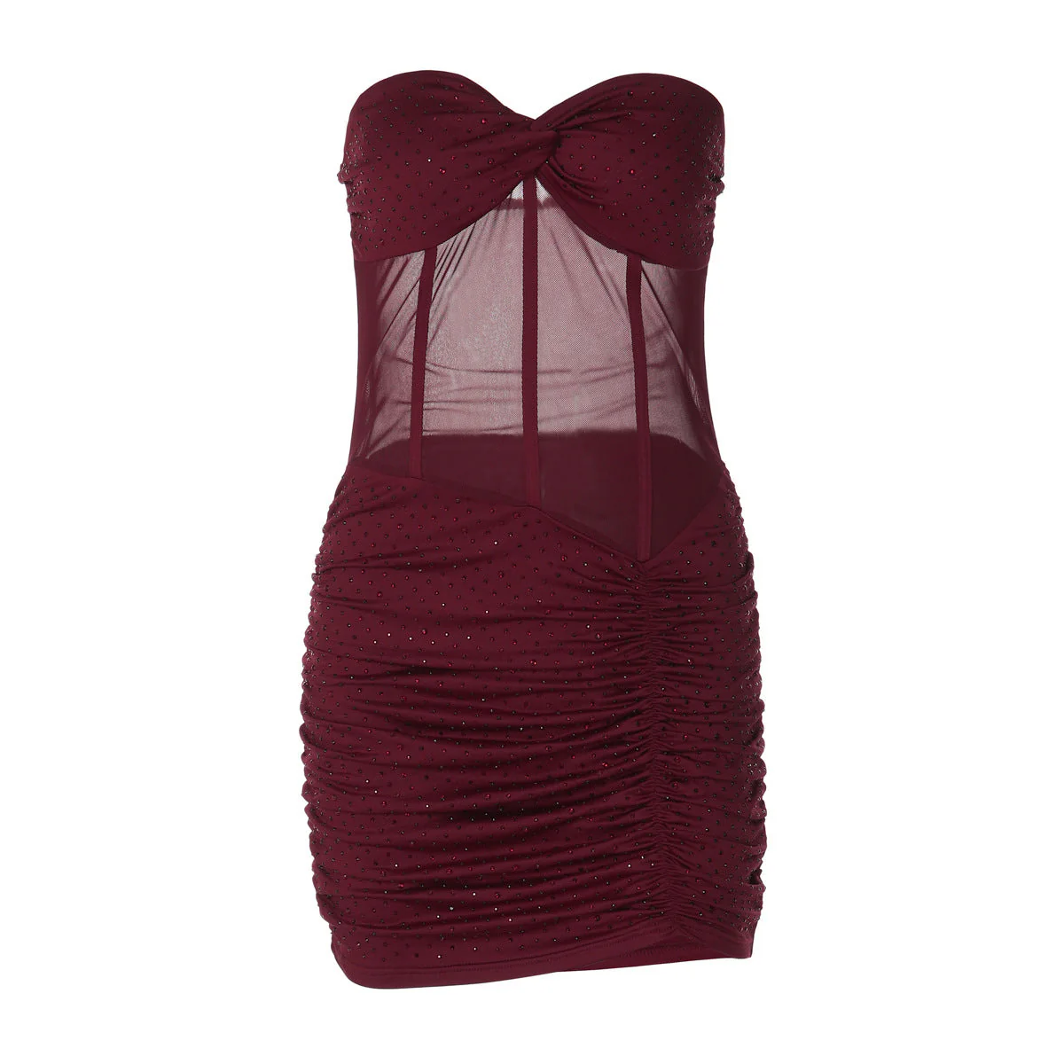Ruched sweetheart neck beaded tube mini dress