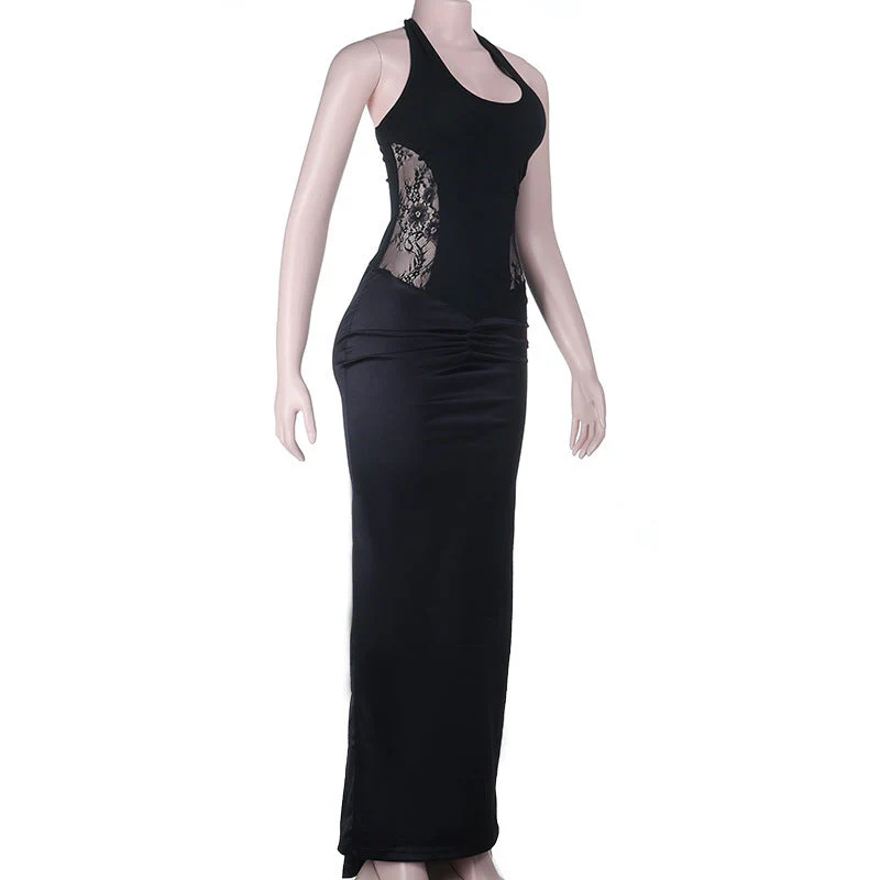 Ruched u neck self tie halter lace maxi dress - Image 3