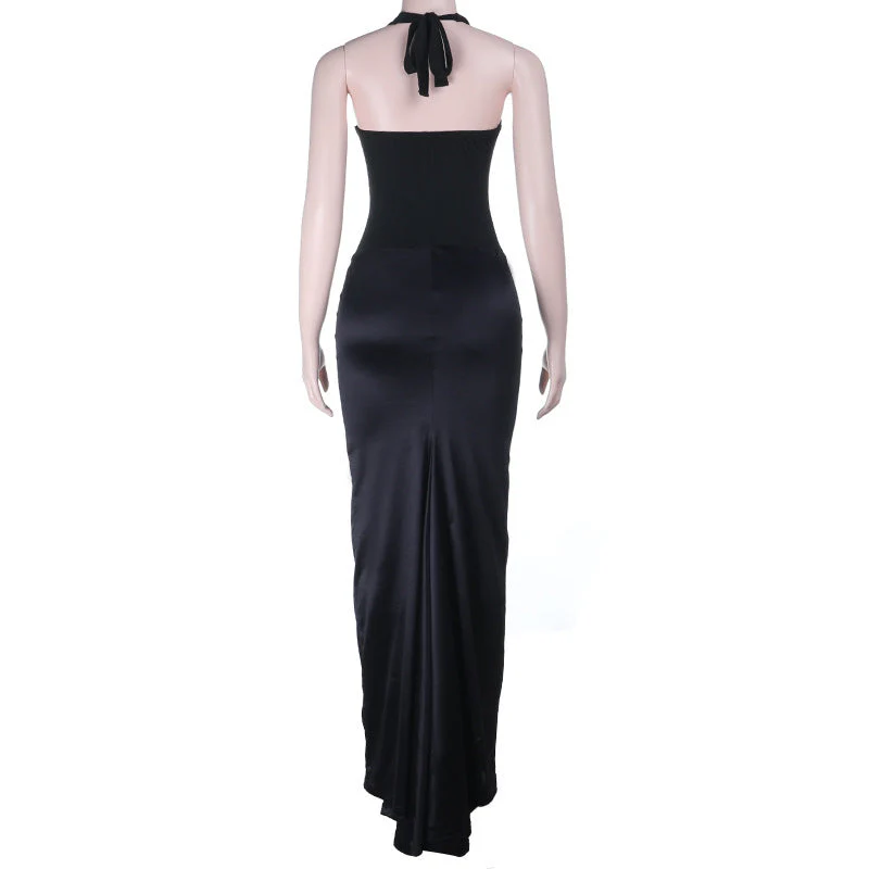 Ruched u neck self tie halter lace maxi dress - Image 4